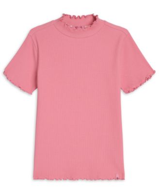 Girls' 7-16 Mock Neck Ribbed Short-Sleeve Cotton-Blend T-Shirt