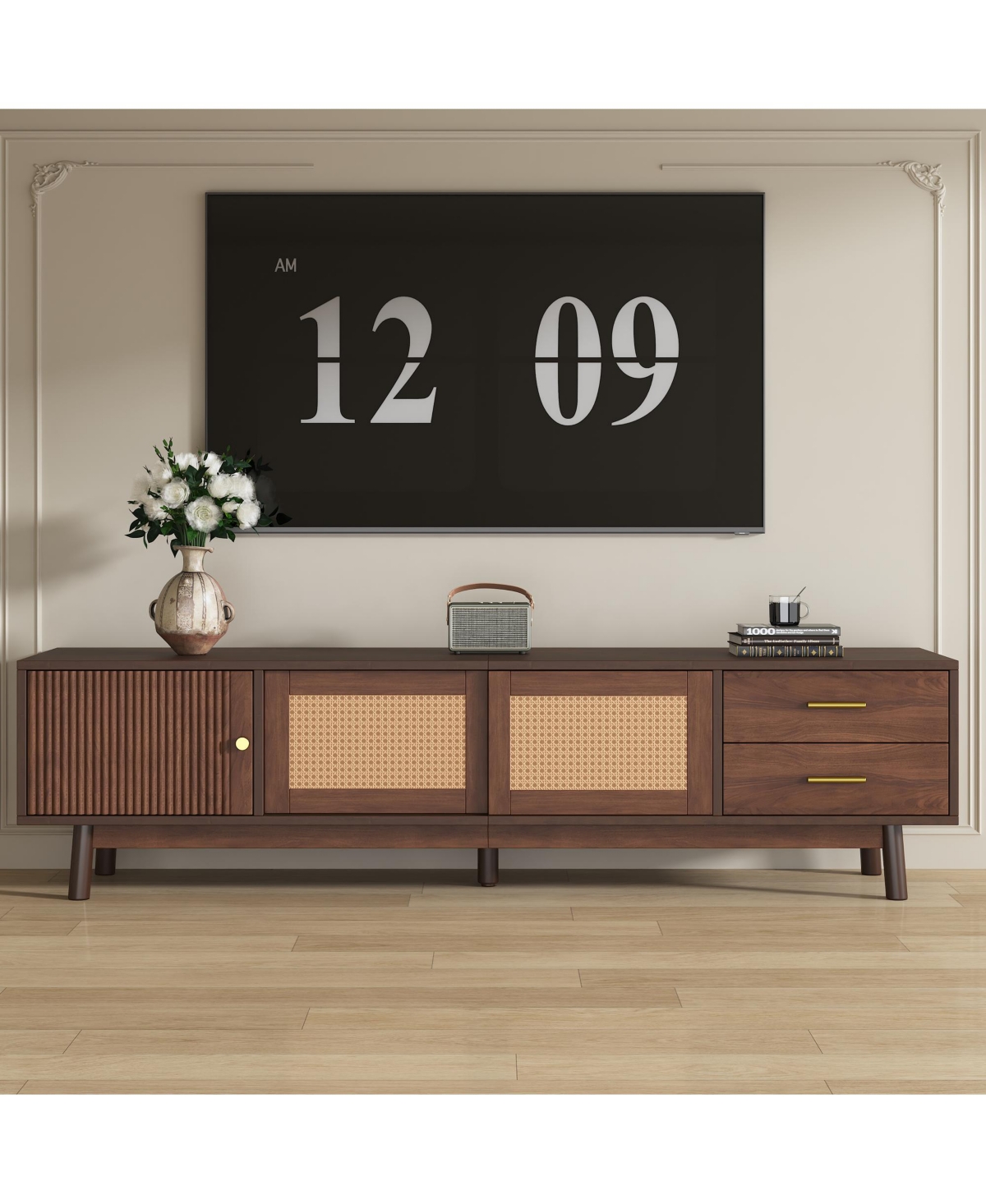 Flynama 70.86 Inch Pe Rattan Sliding Door Tv Stand Solid Wood Leg Media Console For 80 Inch Tv