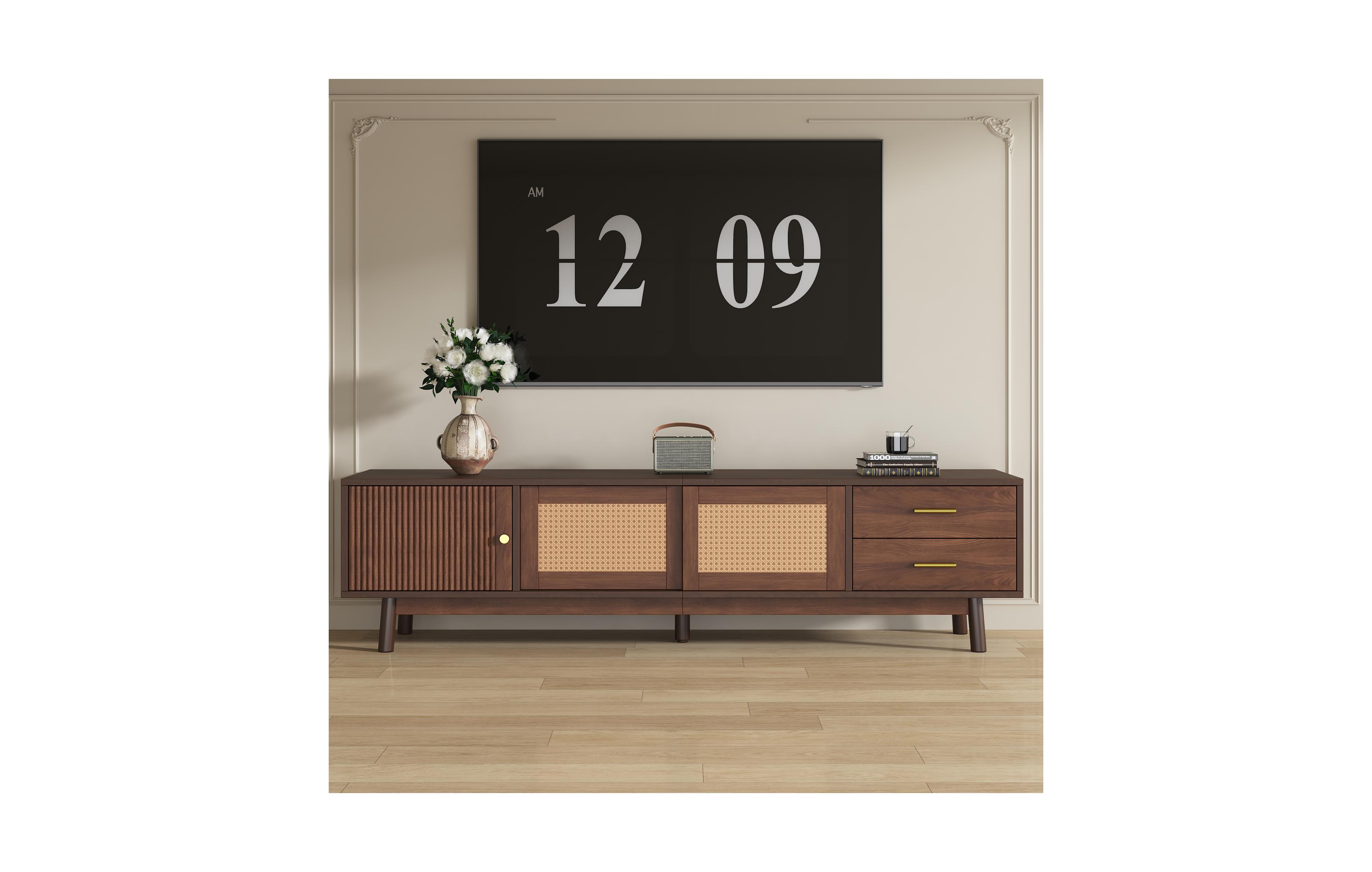 Flynama 70.86 Inch Pe Rattan Sliding Door Tv Stand Solid Wood Leg Media Console For 80 Inch Tv