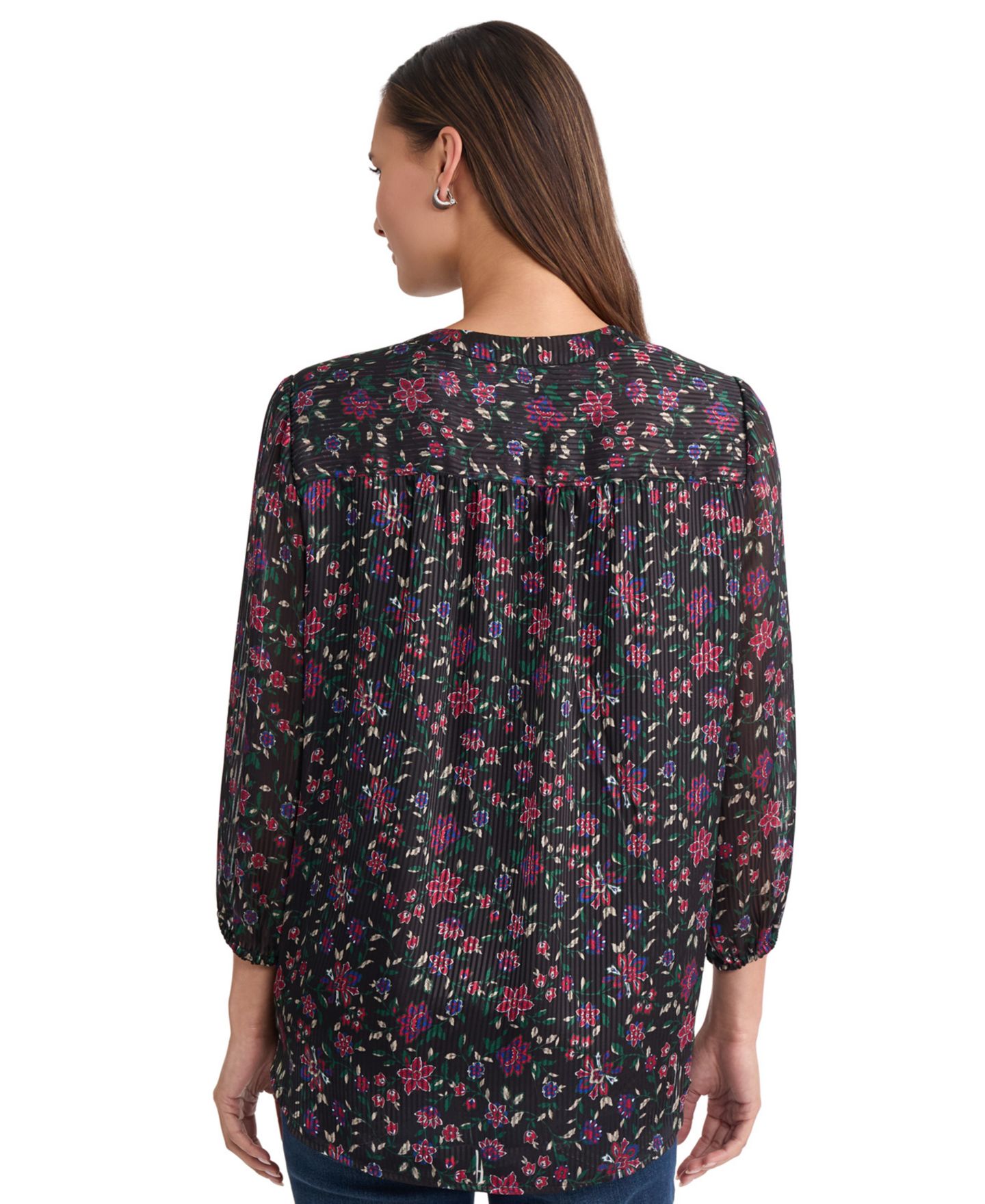 Женский топ Jones New York Plus Size Floral-Print 3/4-Sleeve V-Neck Satin Tunic, цвет: Чёрный разноцветный — фото 3