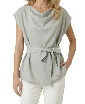 Women's Draped-Neck Cap-Sleeve Self-Tie Waist Top