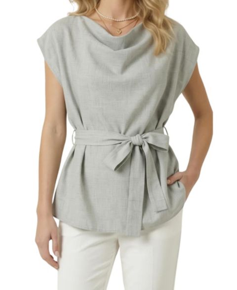 Женский топ Modenaire Draped-Neck Cap-Sleeve Self-Tie Waist, цвет: Светлый шалфейный серый