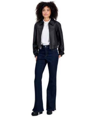 MICHAEL Women's Leather Zip-Up Bomber Jacket