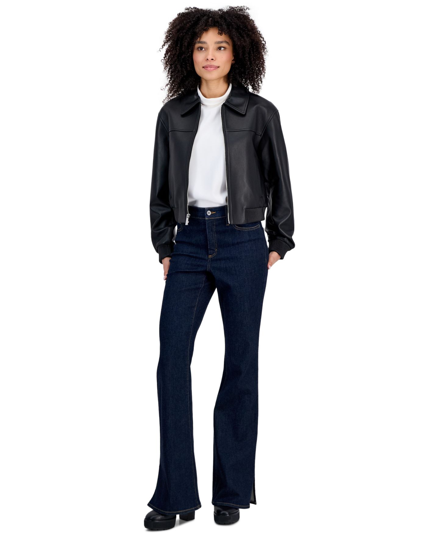 Женская куртка Michael Kors MICHAEL Leather Zip-Up Bomber, цвет: Чёрный — фото 1