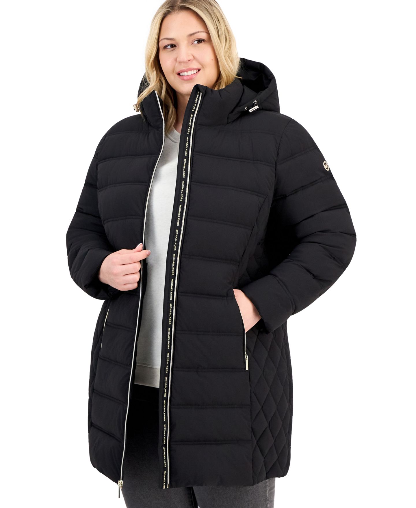 Женская куртка Michael Kors Plus Size Hooded Packable Puffer, цвет: Чёрный — фото 1