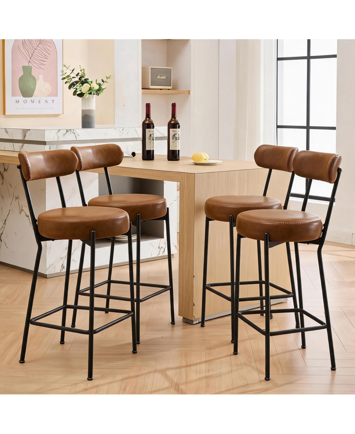 homfan Set of 4 Counter Height Bar Stools with Backrest, 26 Inch Boucle Upholstered Stools with Metal Legs, Modern Kitchen Island Chairs
