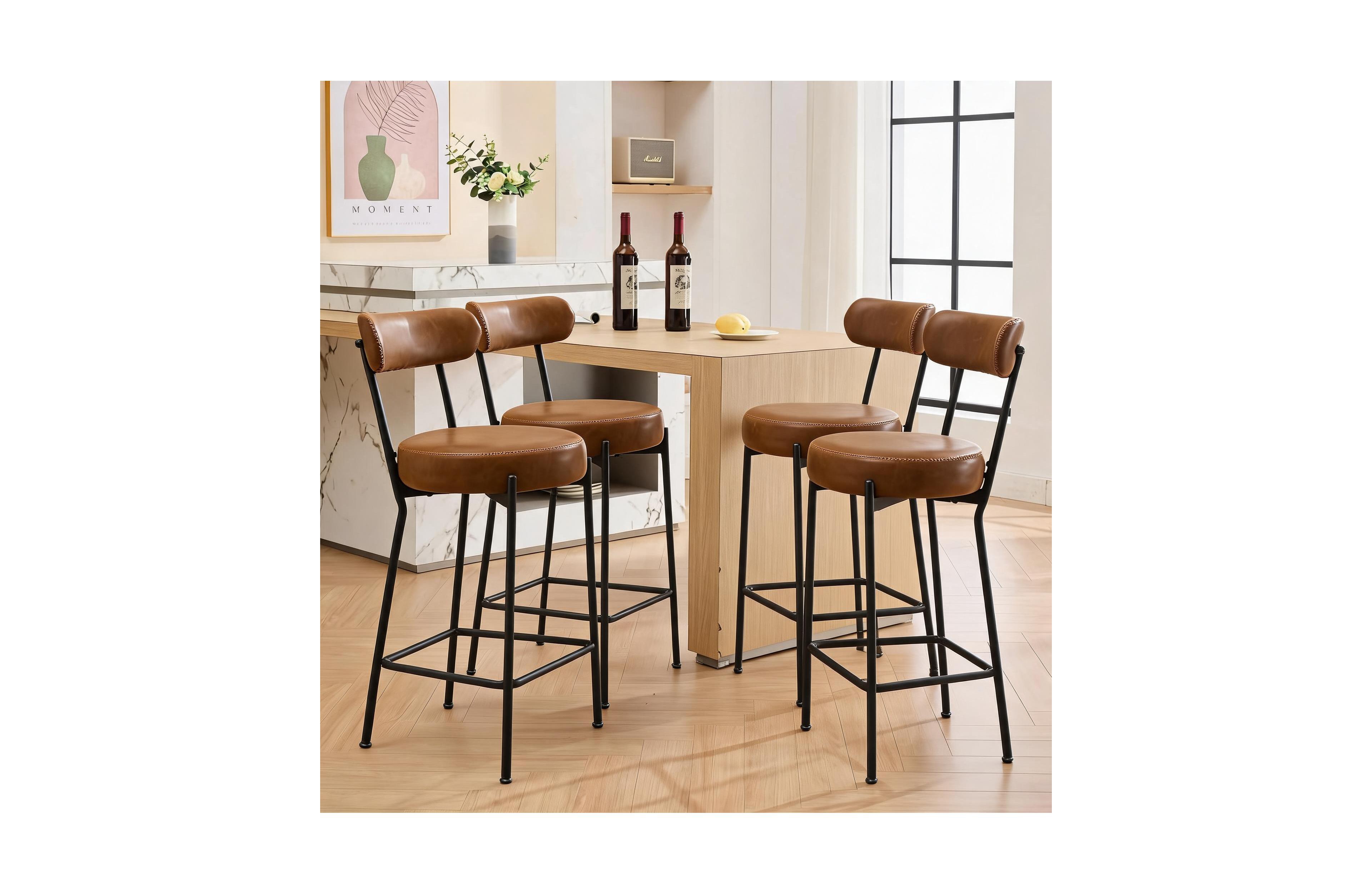 homfan Set of 4 Counter Height Bar Stools with Backrest, 26 Inch Boucle Upholstered Metal Legs, Modern Kitchen Island Chairs