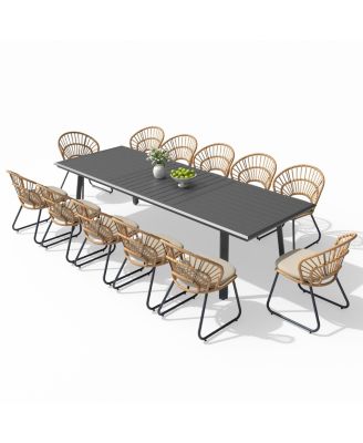 13-Piece Aluminum Outdoor Dining Set with 116-Inch Rectangle Table and 12 Rattan Chairs with Cushions