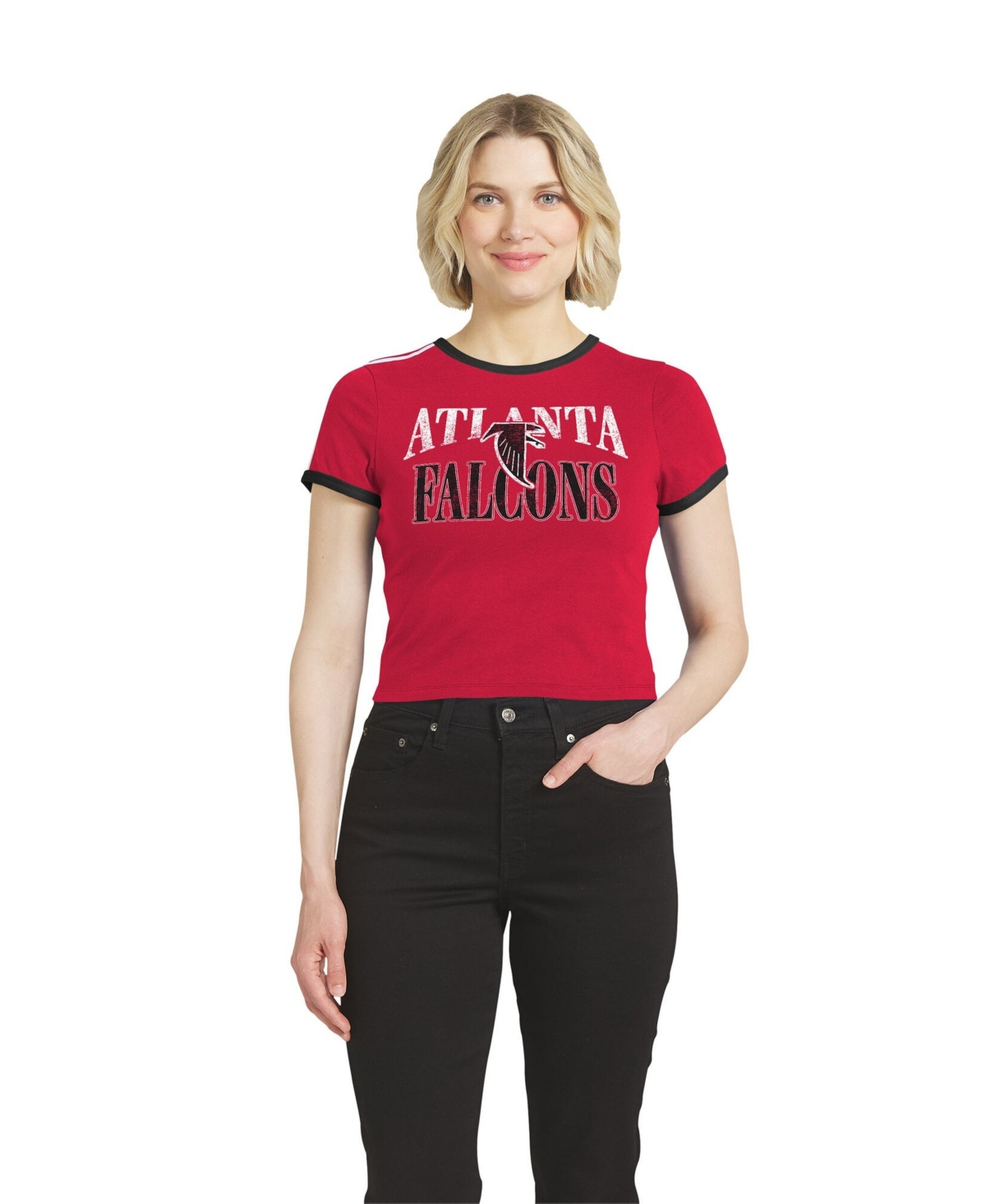 Women's WEAR by Erin Andrews  Red Atlanta Falcons Cropped Throwback Ringer Baby T-Shirt