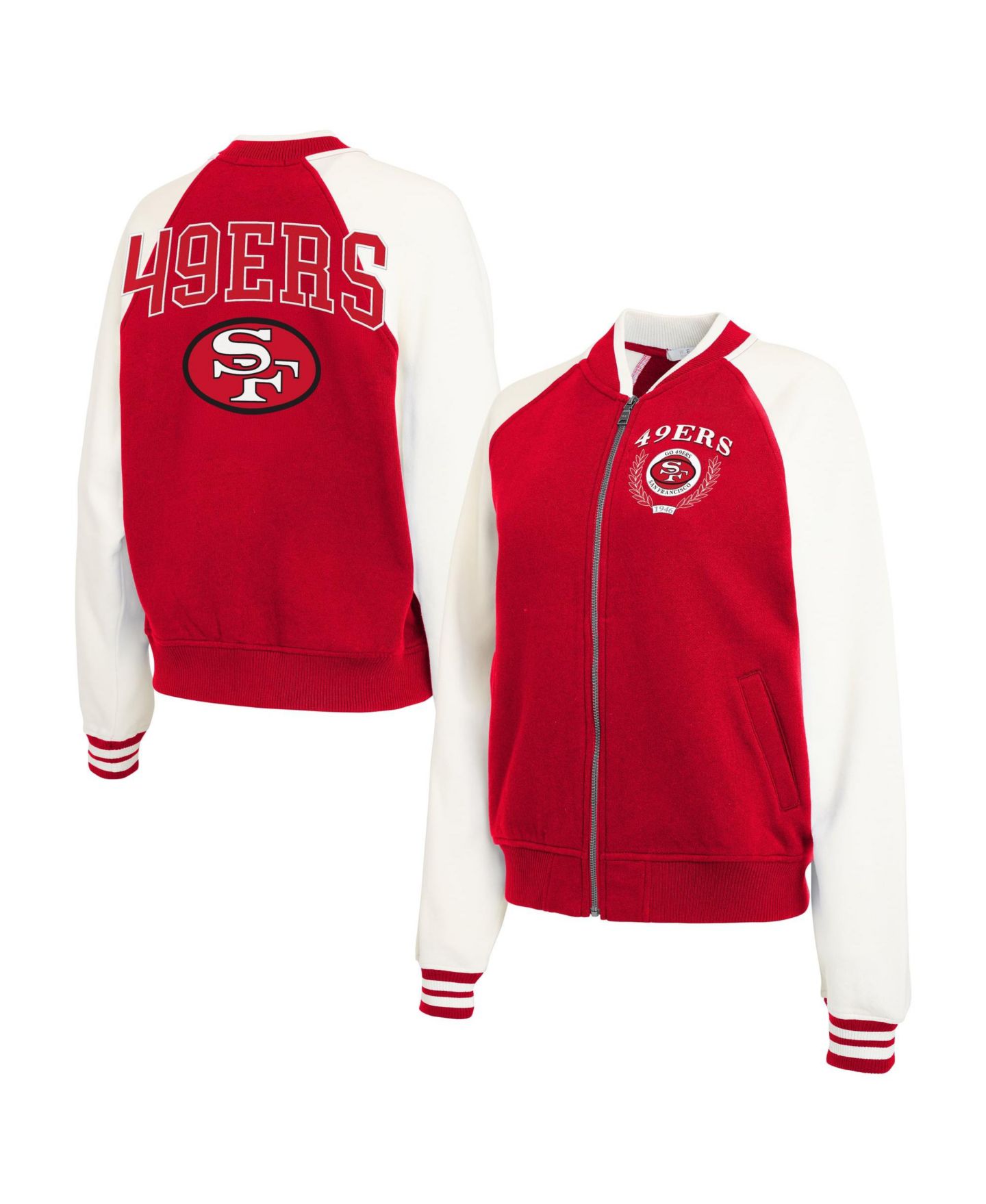 Женская куртка WEAR by Erin Andrews Scarlet/White San Francisco 49ers Throwback Plus Size Fleece Varsity Full-Zip — фото 1