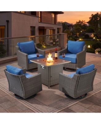 Horiz 5-Piece Outdoor Swivel Rocking Chair Set with 50,000 BTU Square Fire Pit Table, Wicker Patio Furniture for Deck, Backyard and Garden