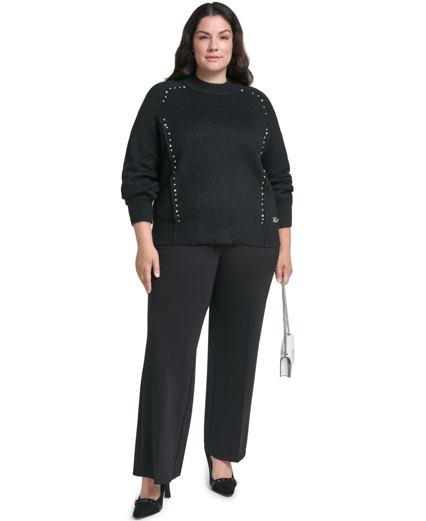 Женский свитер KARL LAGERFELD PARIS Plus Size Mock Neck Rhinestone Pullover, цвет: Красный — фото 13
