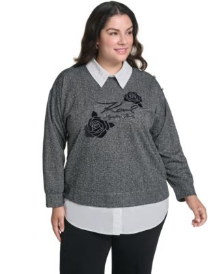Plus Size Rose Collared Long-Sleeve Twofer Sweater
