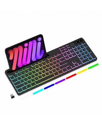 Wireless Keyboard RGB Backlit Phone Holder 2.4G Rechargeable Quiet Typing Multimedia Keys