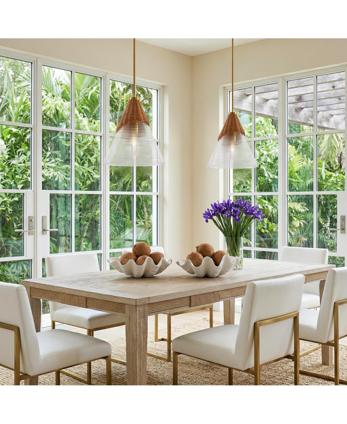 Parrot Uncle 1-Light Modern Brass Hand-Woven Rattan Conical Glass Shade Adjustable Height Hanging Ceiling Pendant Light