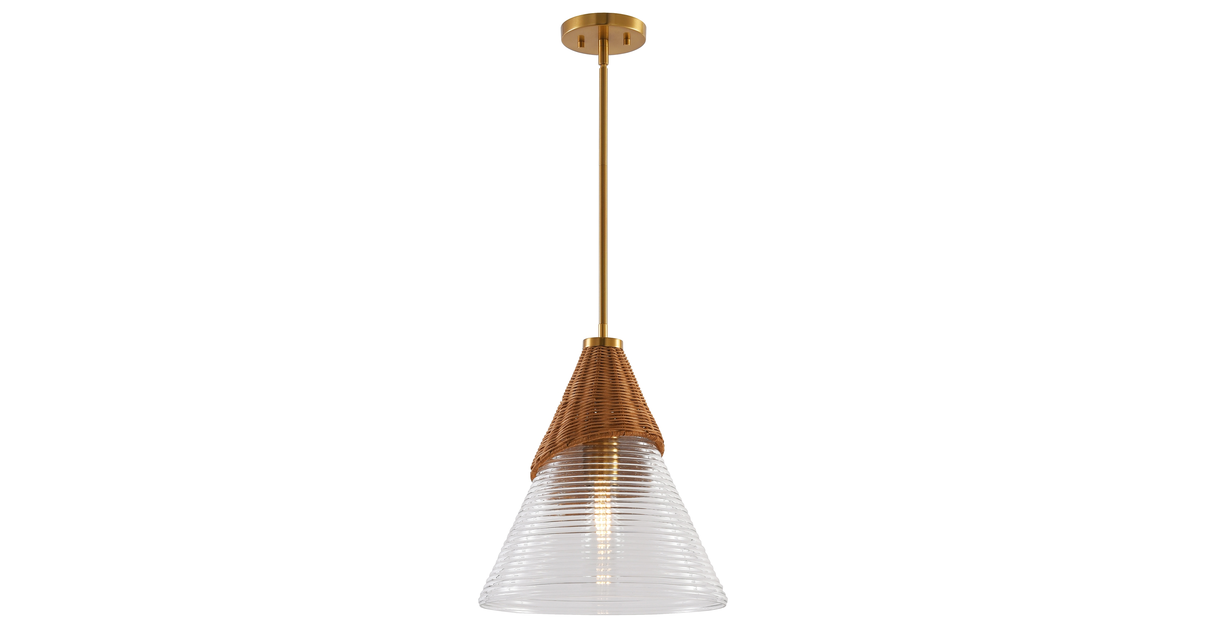 Parrot Uncle 1-Light Modern Brass Hand-Woven Rattan Conical Glass Shade Adjustable Height Hanging Ceiling Pendant Light