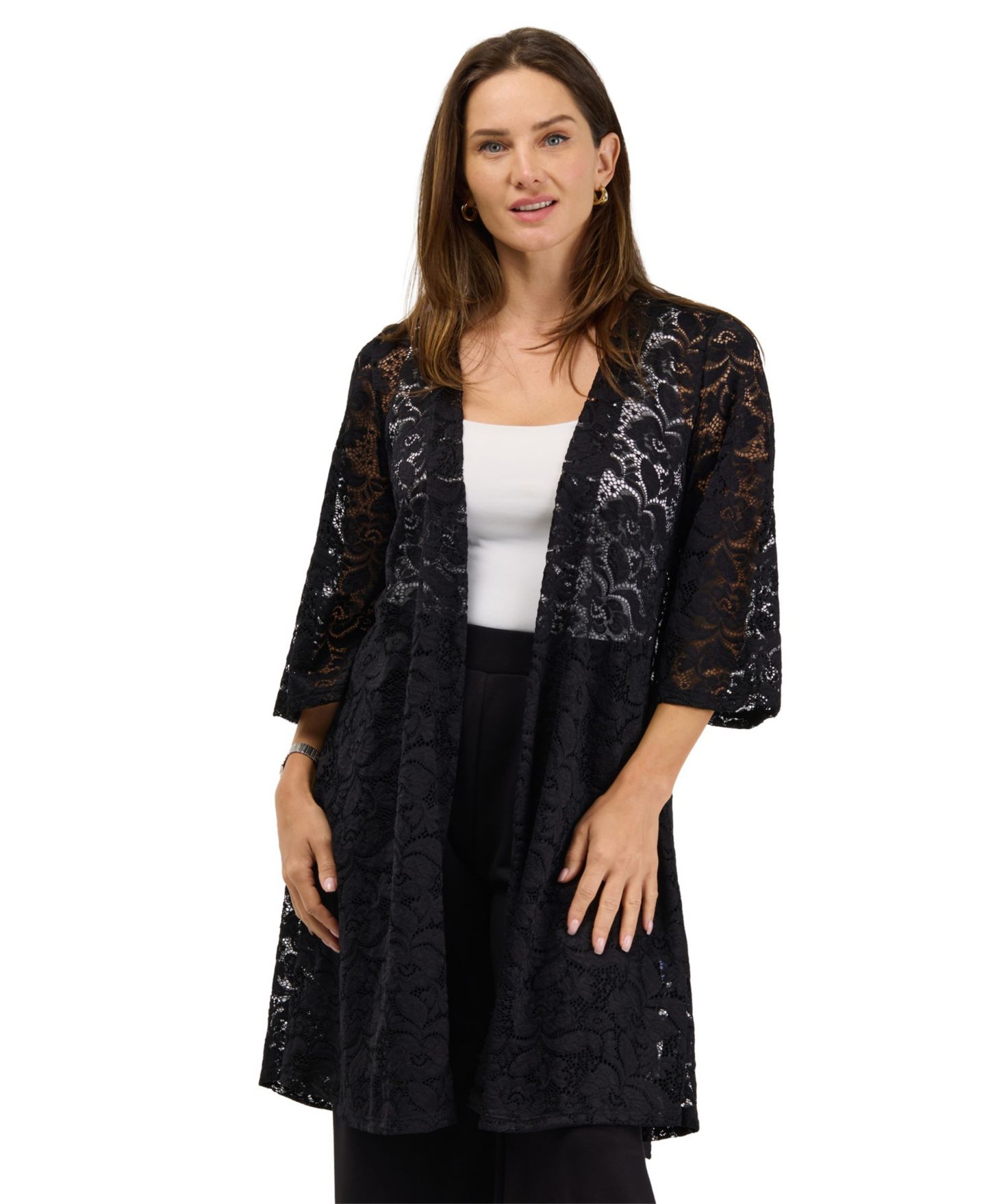 Женская куртка 24seven Comfort Apparel Lace Floral-Print 3/4-Sleeve, цвет: Чёрный — фото 1