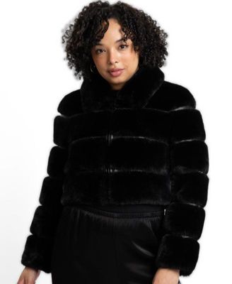 Women's Carlyn Faux Fur and Faux Leather Striped Cropped Bomber Jacket