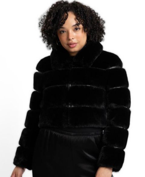Женская куртка Caldwell Collection Carlyn Faux Fur and Faux Leather Striped Cropped Bomber, цвет: Чёрный