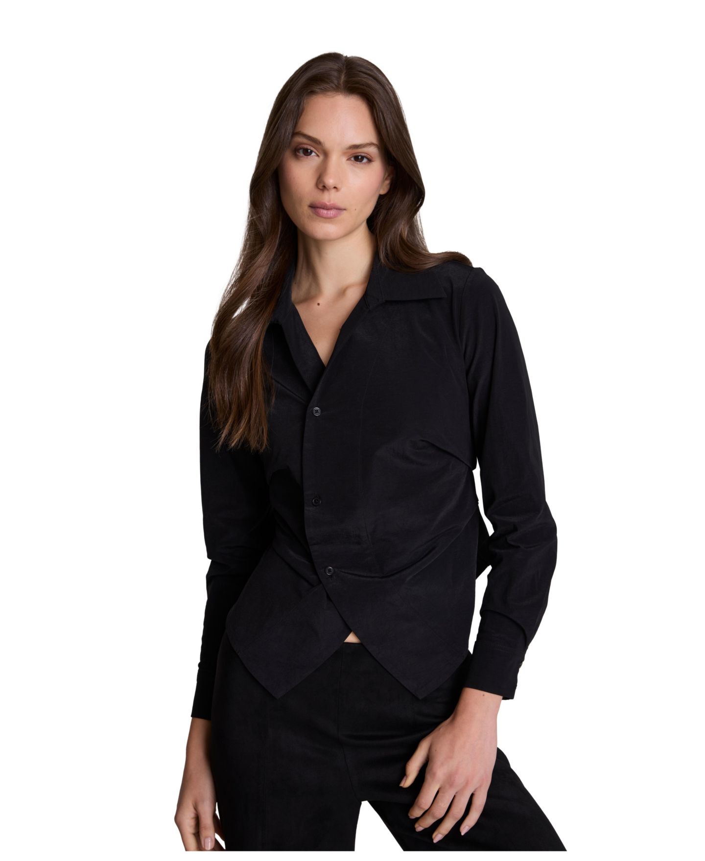 Женская рубашка Kenneth Cole Asymmetrical Long-Sleeve Collared Knit Taffeta, цвет: Чёрный — фото 1