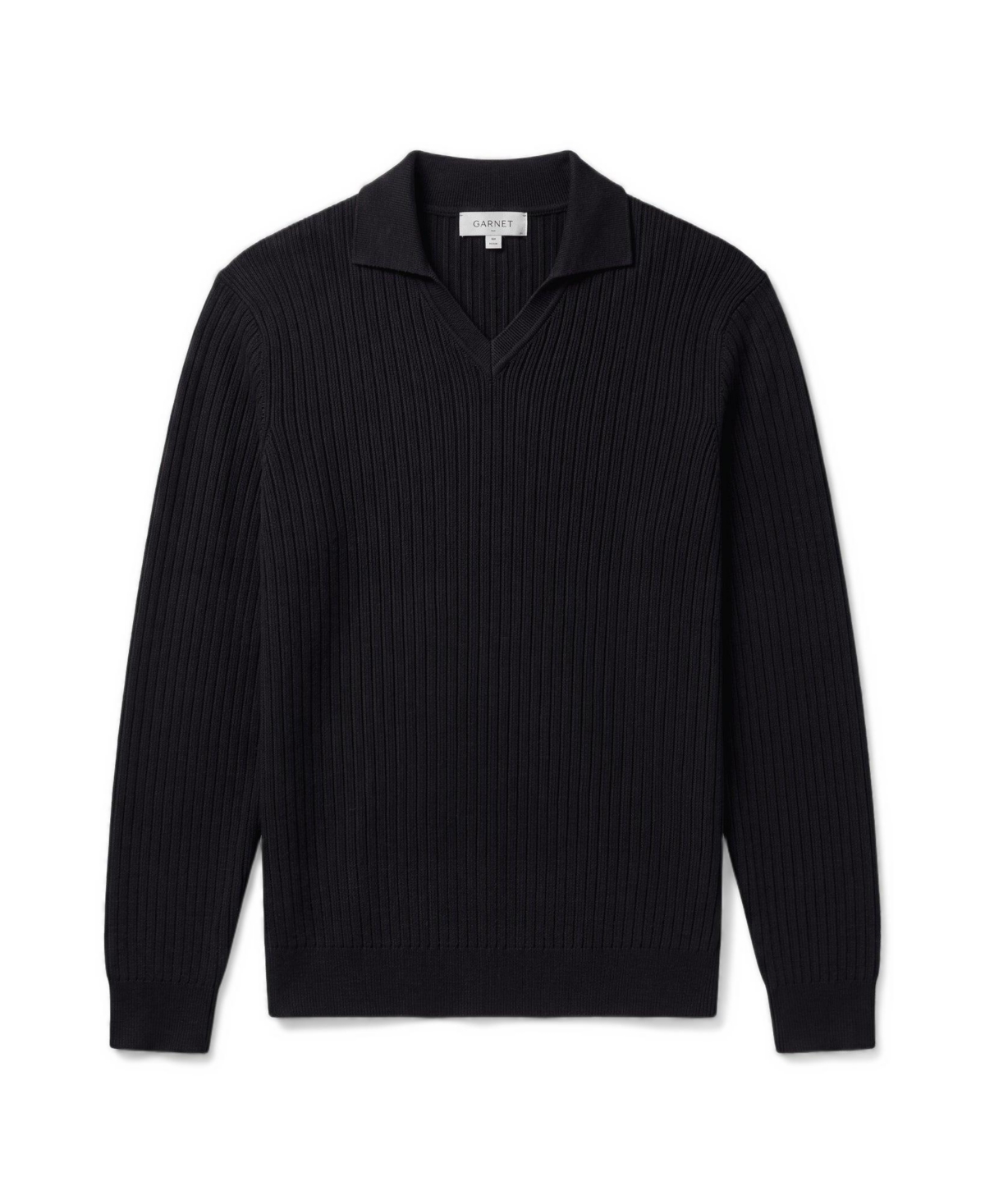 Garnet Men's Merino Wool Ribbed-Knit Polo Sweater - Black