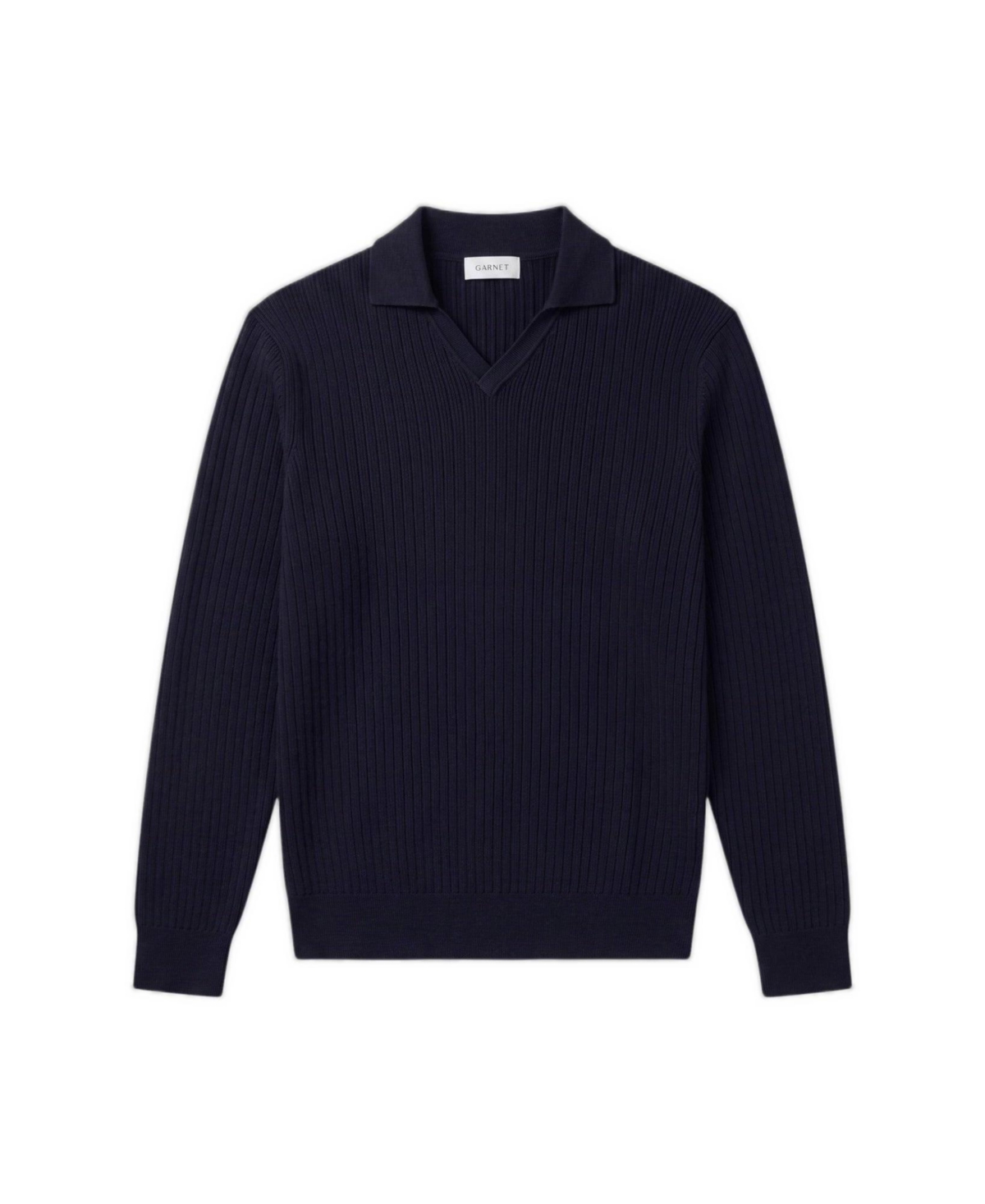 Garnet Men's Merino Wool Ribbed-Knit Polo Sweater - Navy