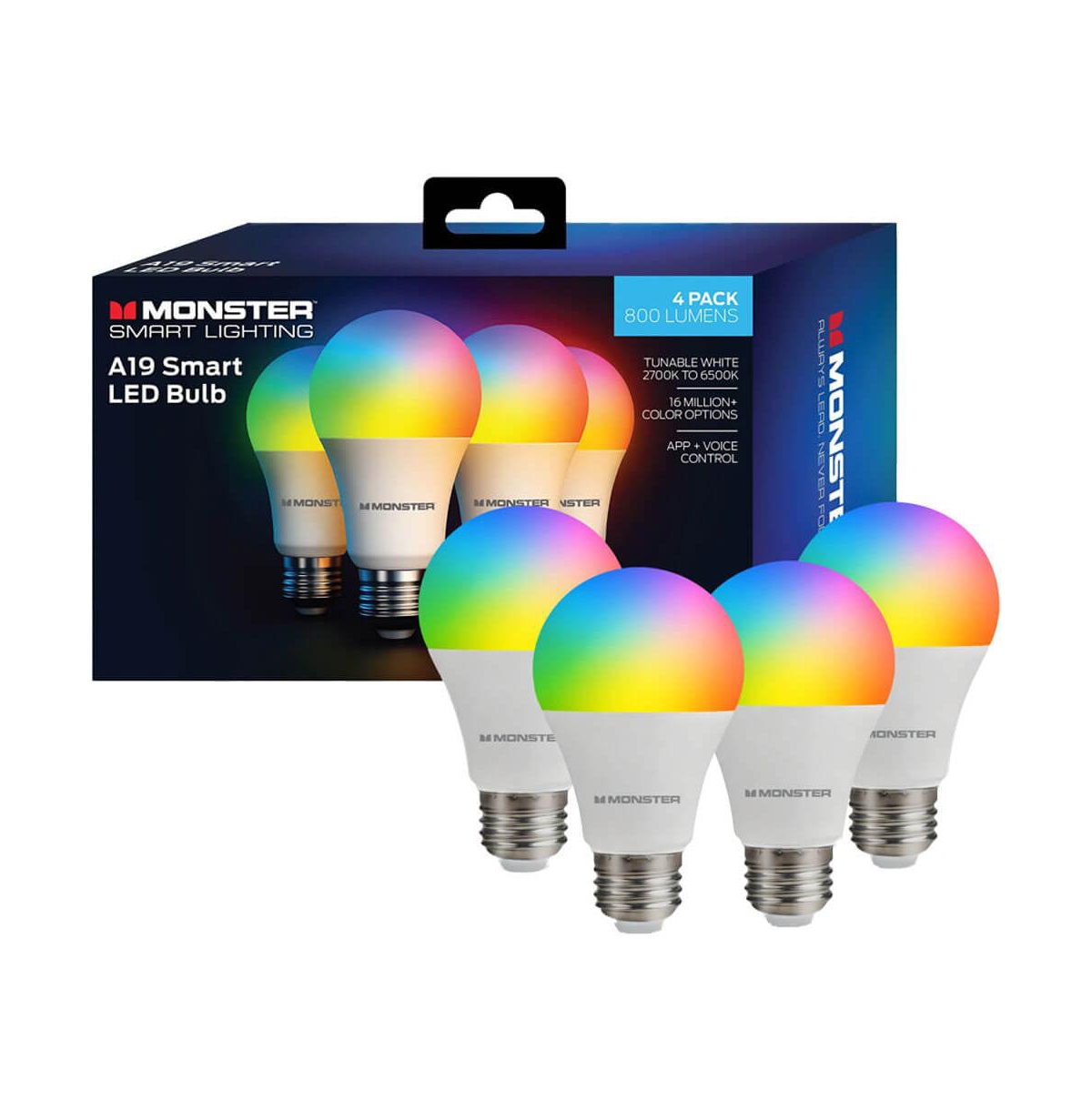 Monster Cable A19 Led Smart Multicolor WiFi-Connected Light Bulbs, 4-Pack - Multicolor/white