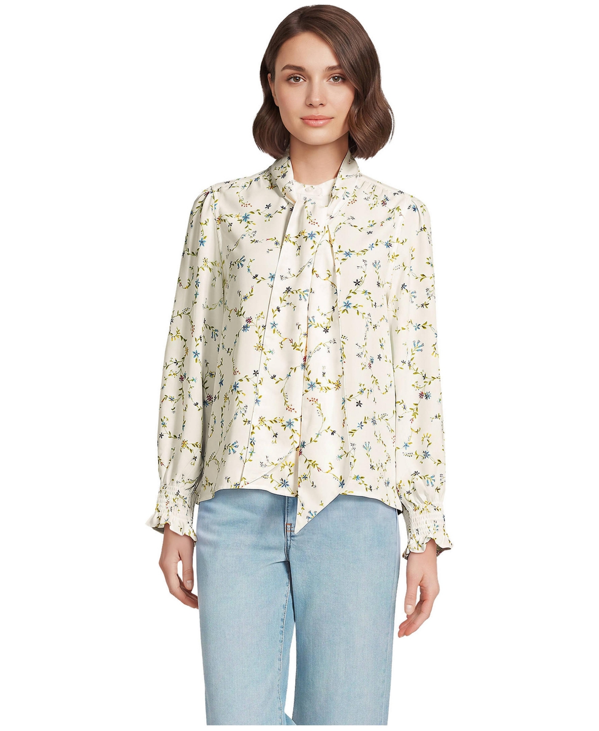Lands' End Women's Creaseless Button Front Blouse with Tie