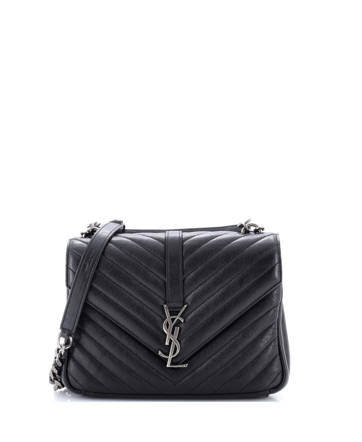 Pre-Owned Saint Laurent Classic Monogram College Matelasse Chevron Medium Crossbody Shoulder Bag - Black