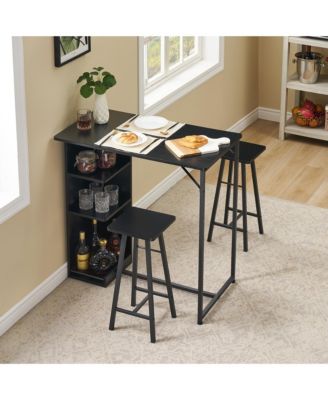 3-Piece Counter Height Pub Table Set with 3-Tier Side Storage Shelves, Compact Bar Table and 2 Backless Stools for Small Kitchen Apartment