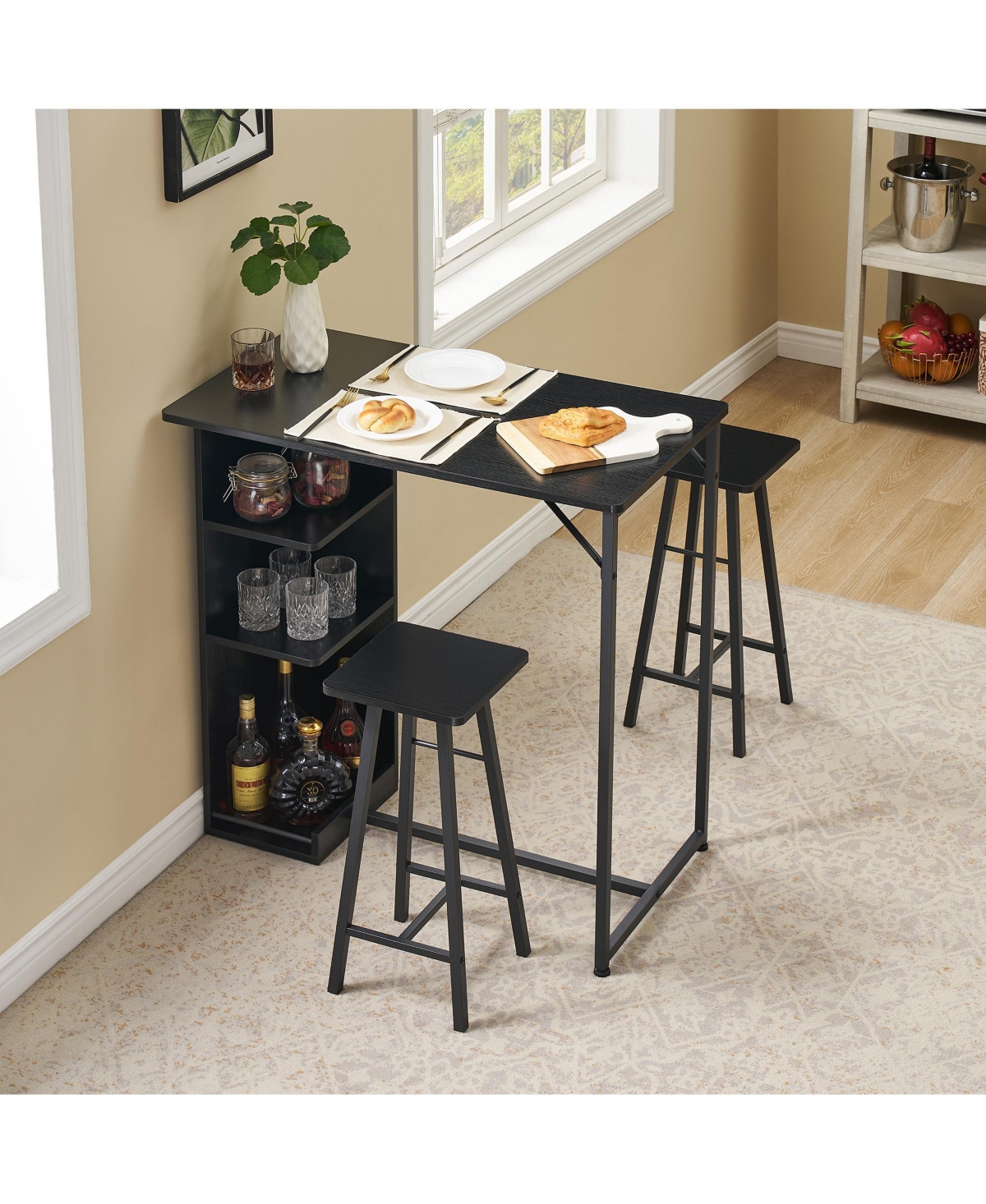 homfan 3-Piece Counter Height Pub Table Set with 3-Tier Side Storage Shelves, Compact Bar Table and 2 Backless Stools for Small Kitchen Apartment - Bl