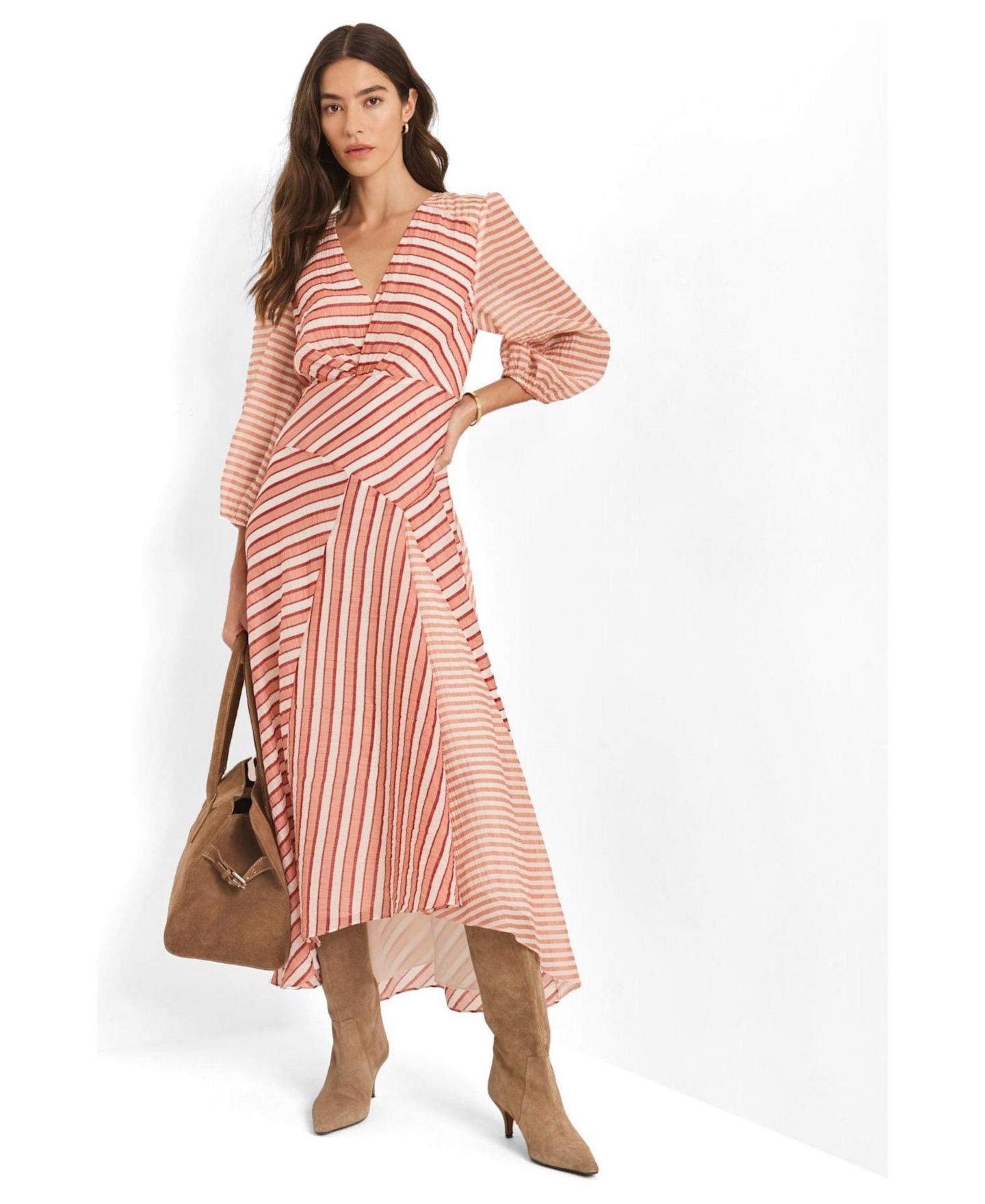 Женское платье Mint Velvet Striped V-Neck 3/4-Sleeve Midi, цвет: Оранжевый — фото 3