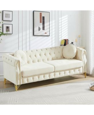 82" Chesterfield Sofa, Tufted 3-Seater Couch with Metal Legs and Copper Studs, Luxury Living Room Furniture