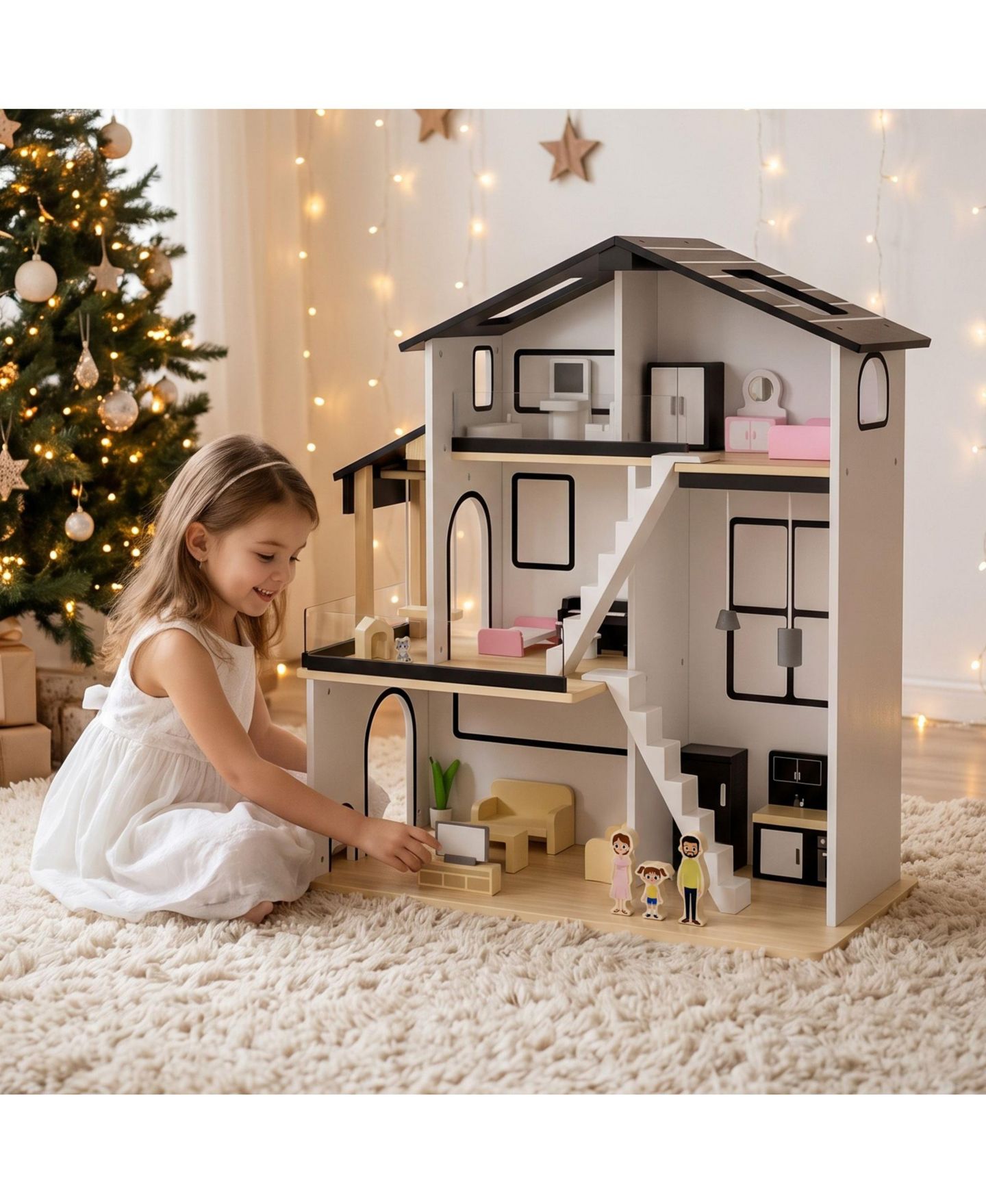 Интерактивный деревянный трёхэтажный кукольный дом Kinder King с 26 аксессуарами, 3+, цвет: Чёрный — фото 9