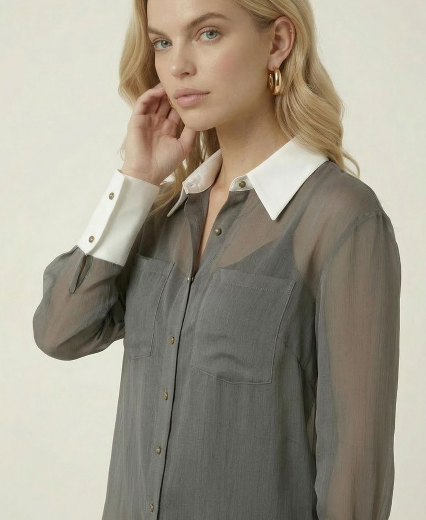Женская блузка Modenaire Sheer Contrast-Collar Long-Sleeve — фото 6