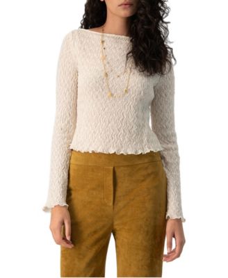 Women's Crinkle-Knit Bateau-Neck Long-Sleeve Fitted Top