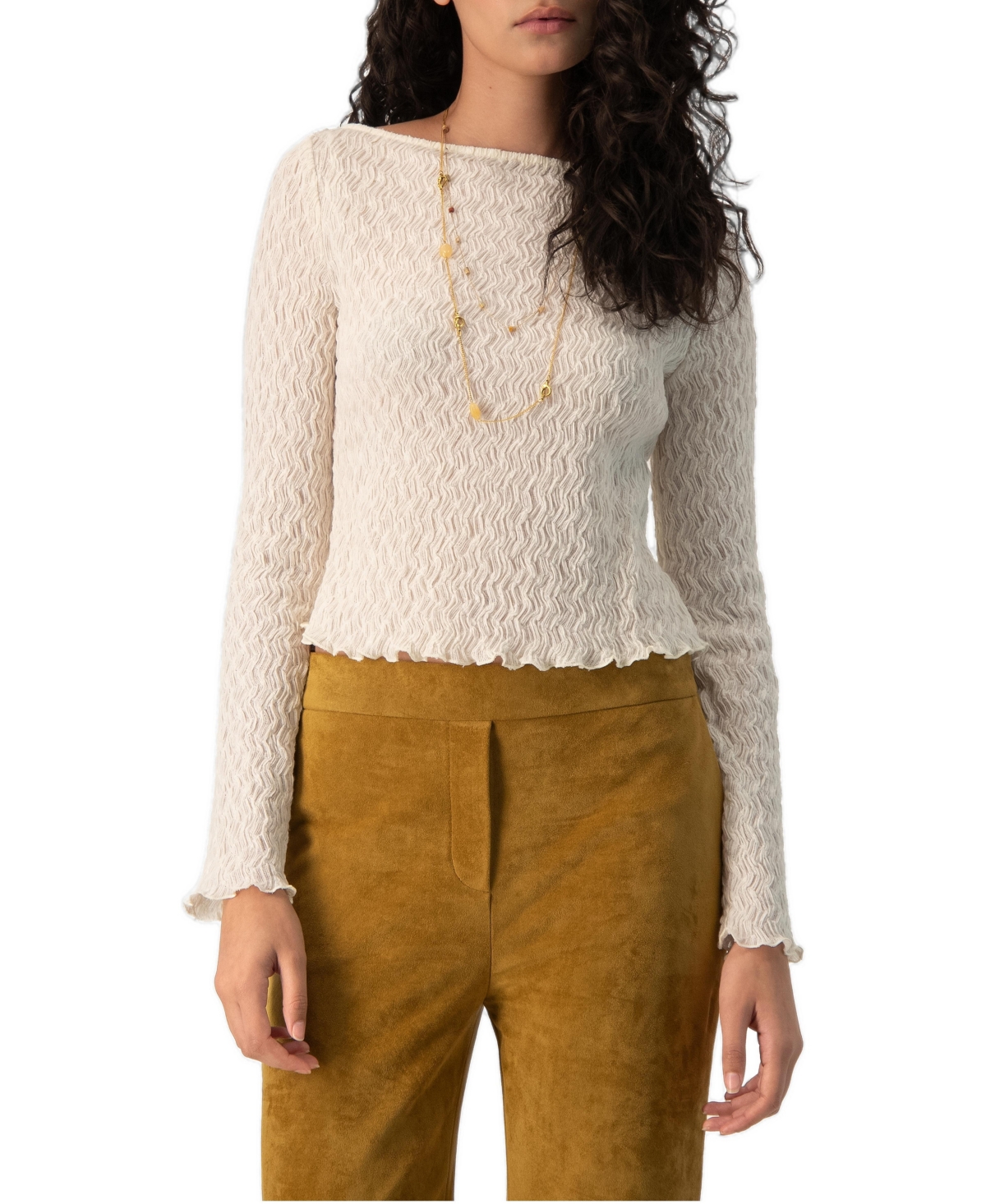 Ivonne Women's Crinkle-Knit Bateau-Neck Long-Sleeve Fitted Top