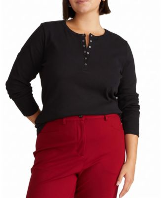 Plus Size Henley Long-Sleeve Ribbed Tee