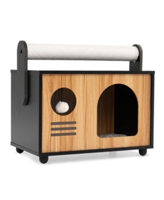 Wooden Cat House with Rooftop Scratching Post and Washable Cushion