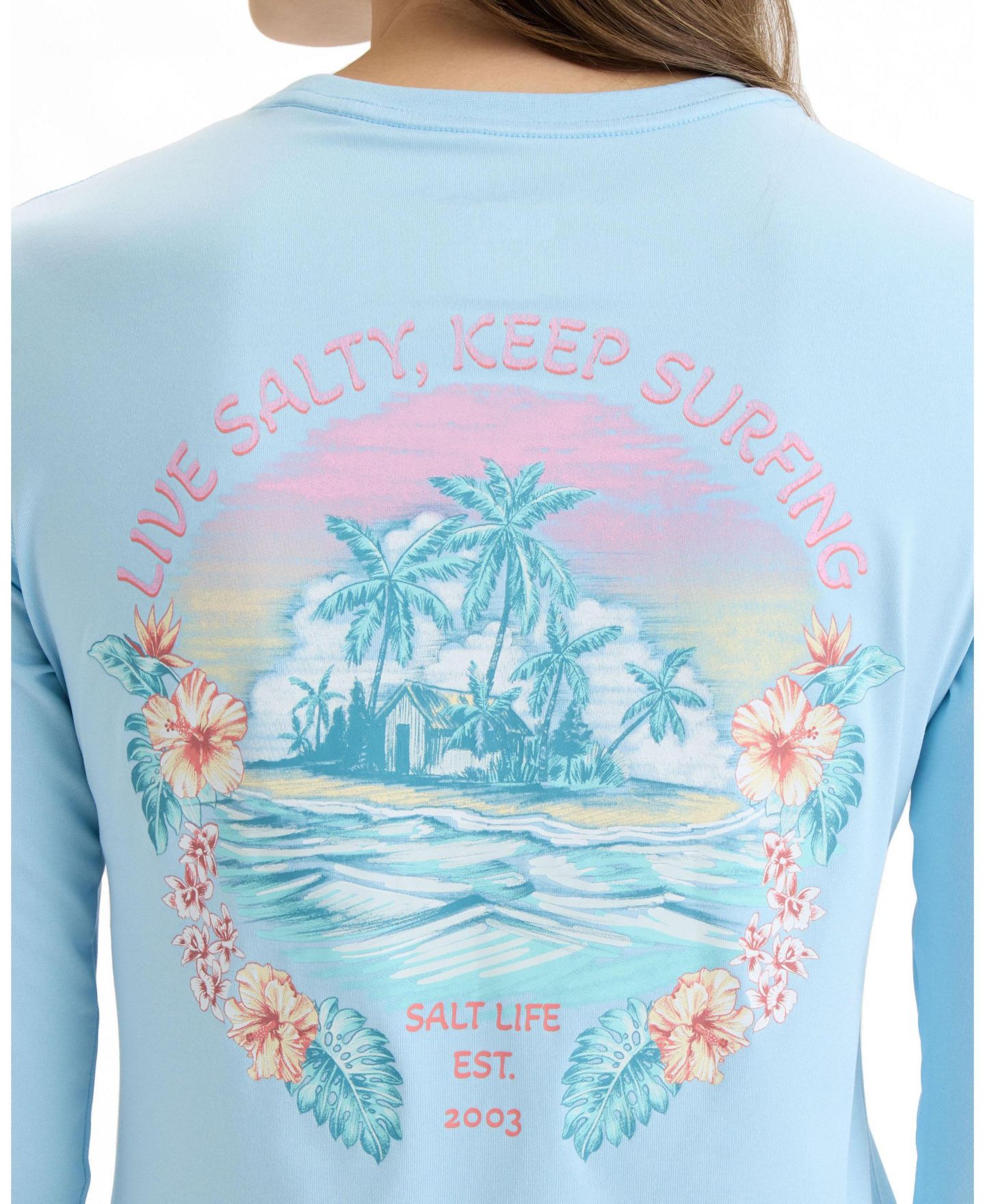 Женская футболка Salt Life Keep Surfing Performance Long Sleeve, цвет: Синий меланжевый — фото 4