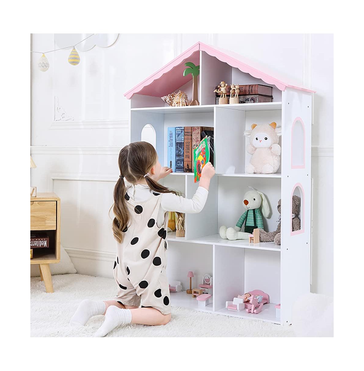 Gnuadz 3-Tier Dollhouse-Style Wood Bookcase Display Stand, Ages 3+ - Pink with white