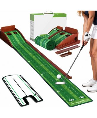 9.8ft Golf Putting Green Mat Dual Hole Automatic Ball Return Alignment Guide
