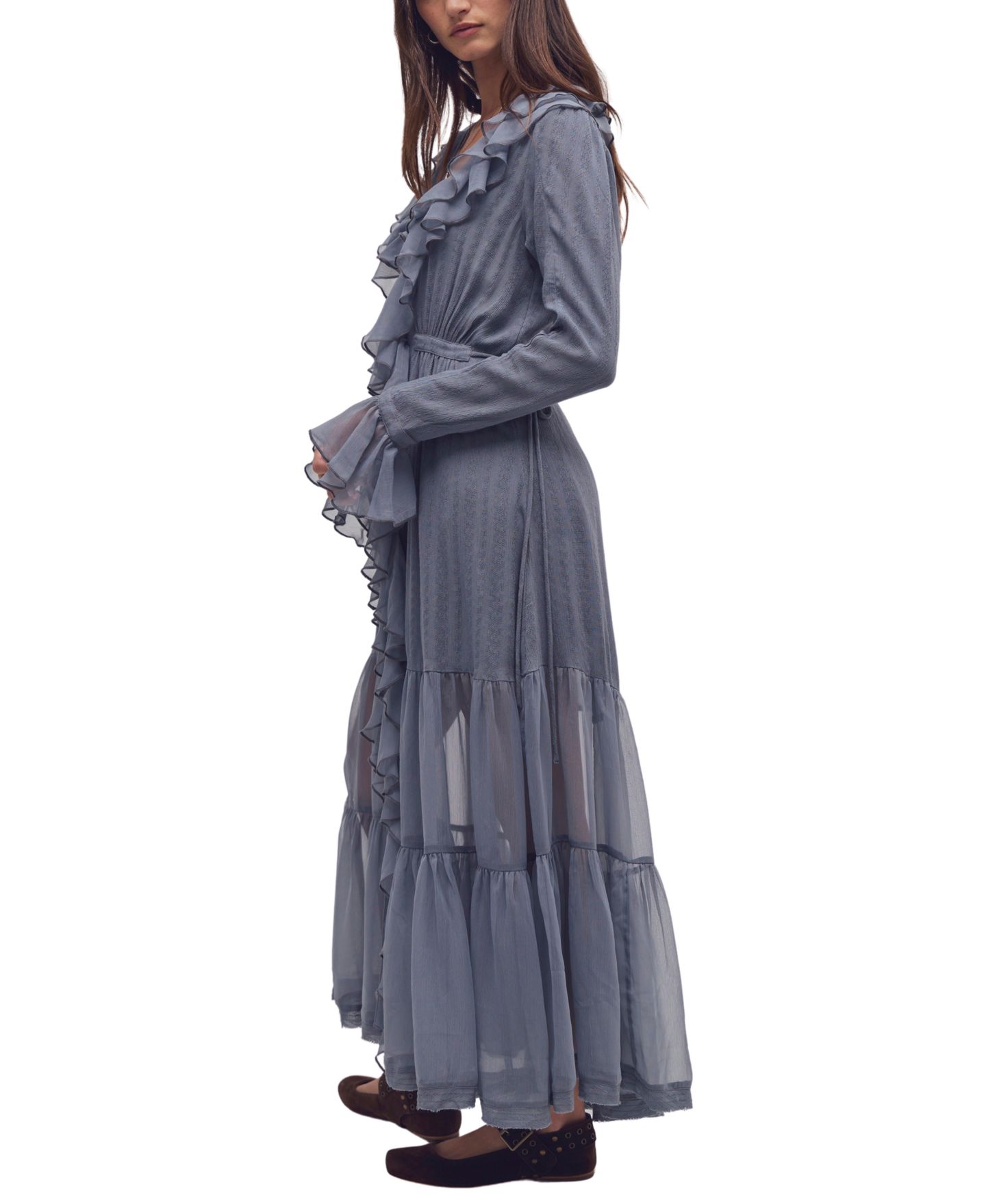 Женское платье Free People Isla A-Line Long-Sleeve Ruffle Midi, цвет: Серо-бежевый — фото 3