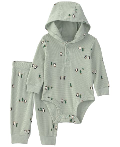 Carter's Baby Boys' Penguin Thermal Hooded Bodysuit and Pants, 2-Piece Set, цвет: Зелёный