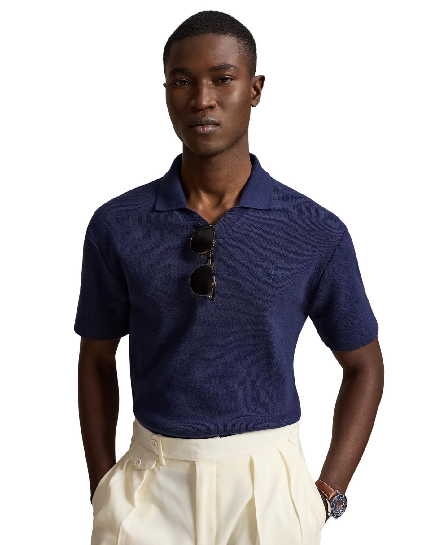 Мужское поло Polo Ralph Lauren Pointelle-Ribbed Regular-Fit Polo Shirt, цвет: Тёмно-синий — фото 1