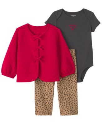 Baby Girls' Leopard Print French Terry Long-Sleeve Cardigan, Bodysuit and Pants, 3-Piece Set