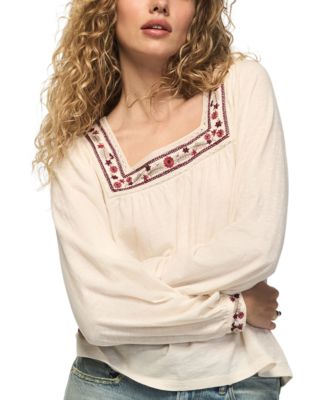 Women's Square Neck Long-Sleeve Embroidered Cotton Knit Top