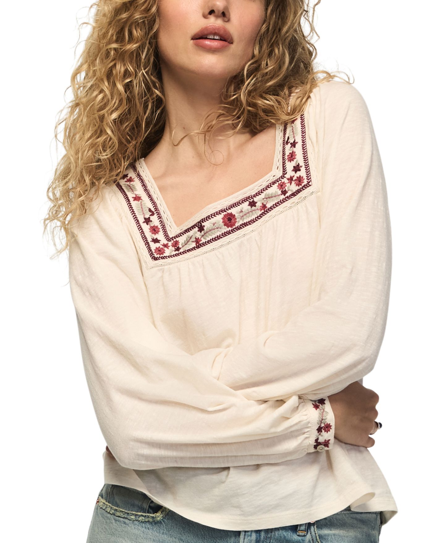 Женский топ Lucky Brand Square Neck Long-Sleeve Embroidered Cotton Knit, цвет: Белый — фото 1