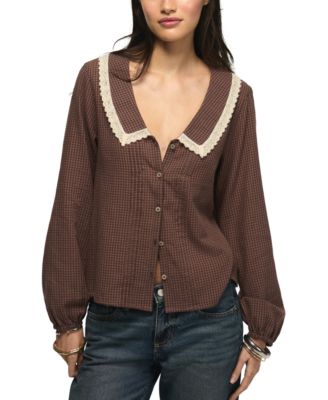 Women's Gingham Peter Pan Collar Long-Sleeve Blouse