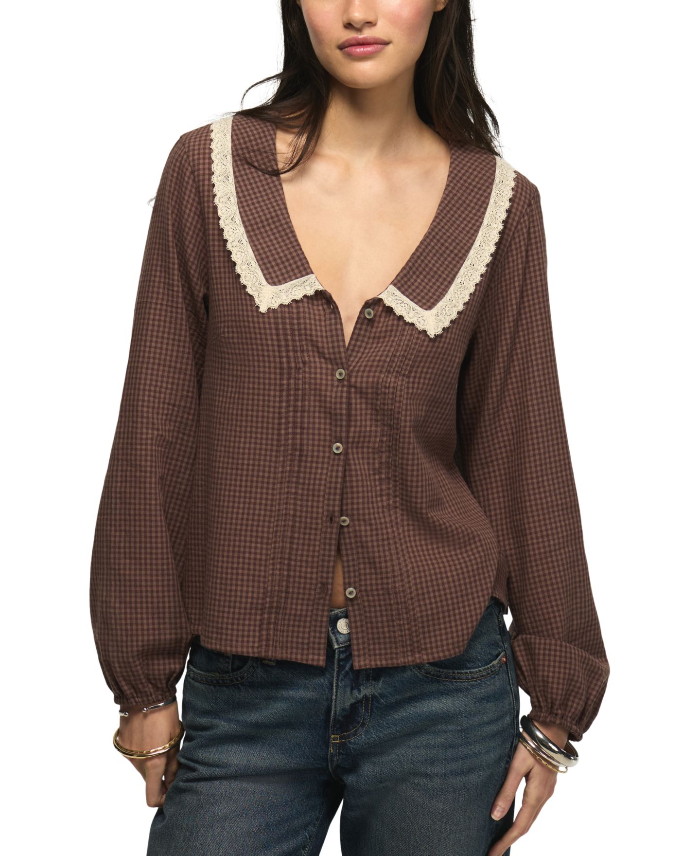 Женская блузка Lucky Brand Gingham Peter Pan Collar Long-Sleeve, цвет: Коричневый в мелкую клетку — фото 1
